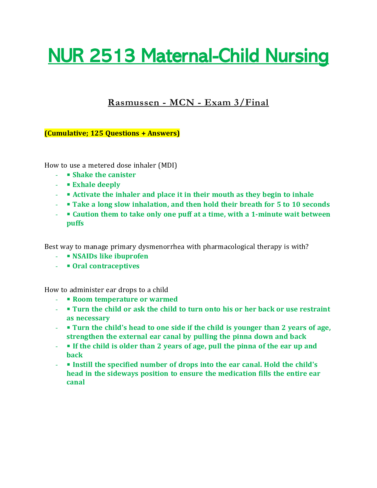Preview image for NUR 2513 / NUR2513 Exam 3 / Final Updated: Maternal Child Nursing - Rasmussen